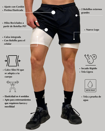 Eco Short 2 en 1 Snow Negro - Konko Active