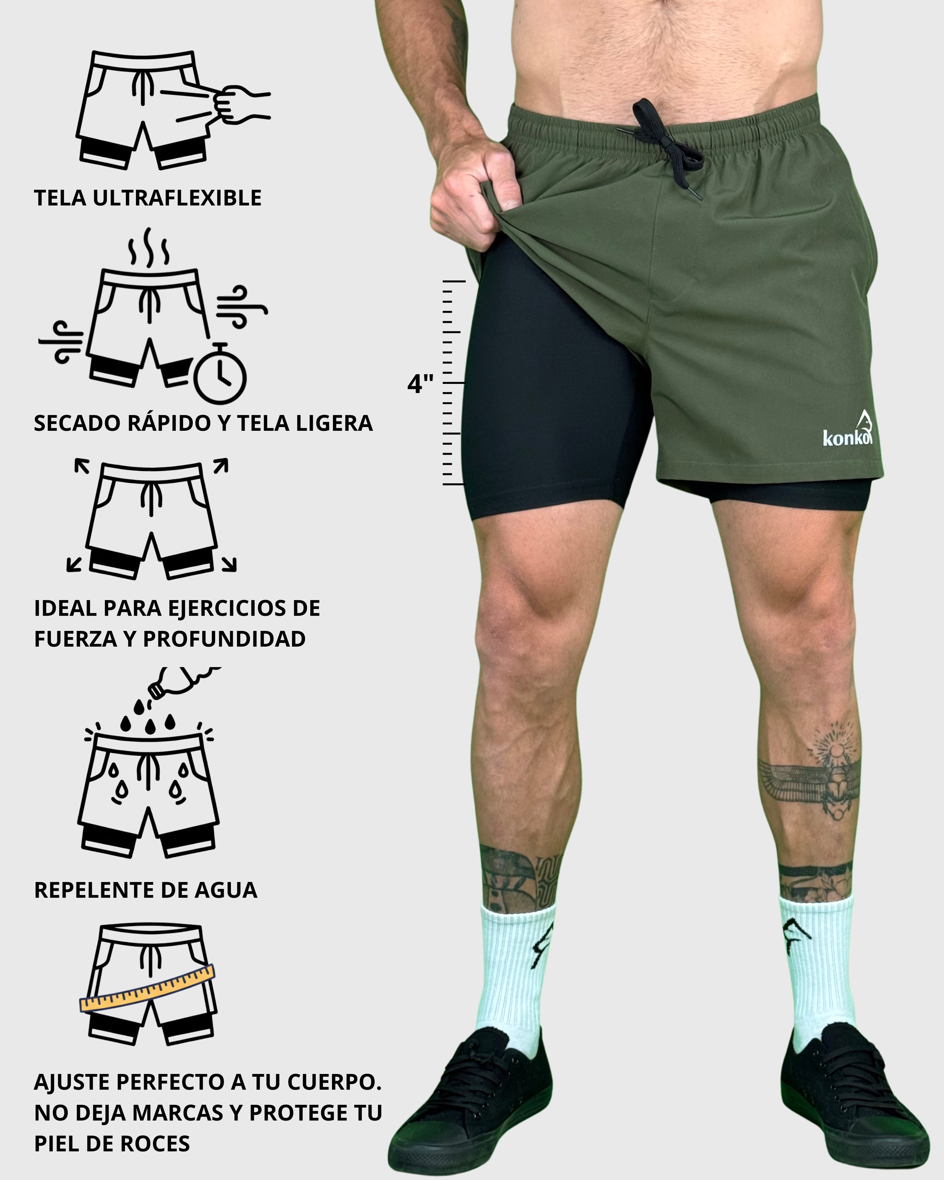 Eco Short 2 en 1 Perfect Army 4" - Konko Active
